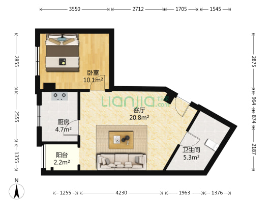 汉江壹号 1室1厅1卫 53平方