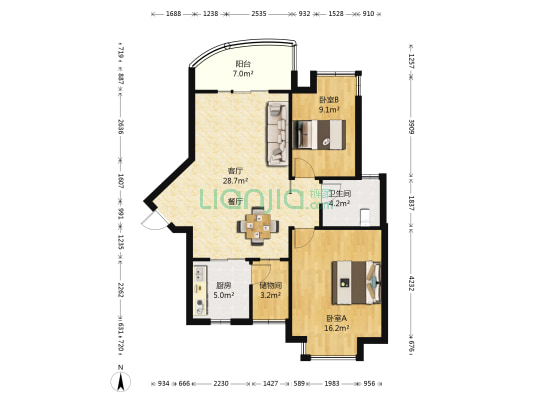 世纪庭苑 2室1厅1卫 88平方