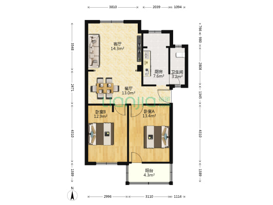 外经贸学院职工宿舍 2室2厅1卫 69平方