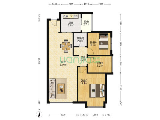 中悦领秀城 3室1厅1卫 87平方