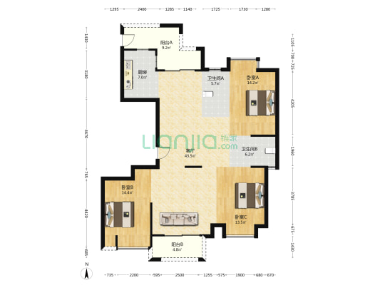 瑞景豪庭 3室1厅2卫 143平方