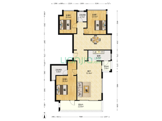 绿城两江御园凤栖园 3室1厅2卫 149平方