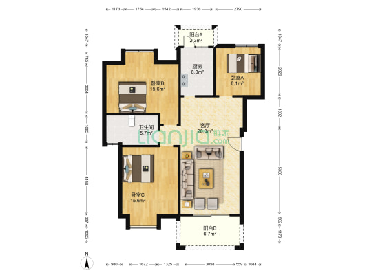 圆梦08庄园1-3期 3室1厅1卫 104平方