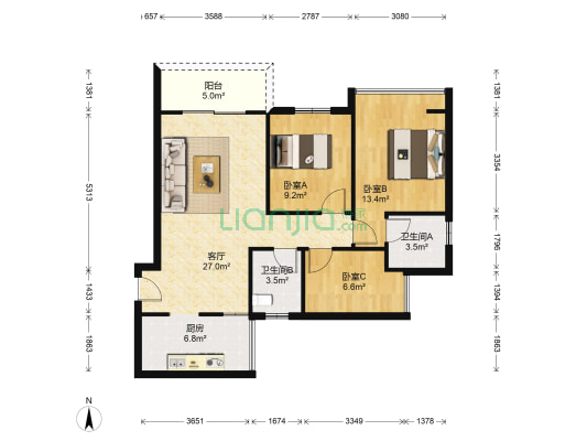 顺欣花园 3室1厅2卫 89平方
