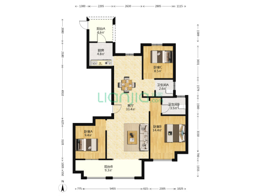 滨河壹号 3室1厅2卫 125平方