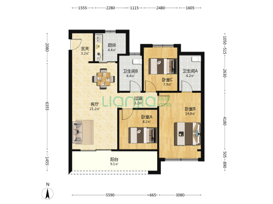 上城壹号 3室1厅2卫 108平方
