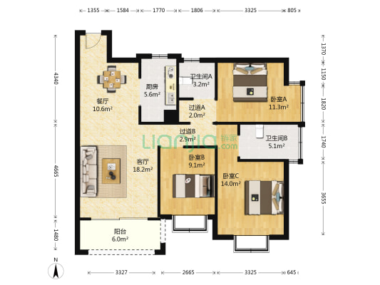 润城五区 3室2厅2卫 109平方
