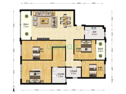 建工新城商业中心 4室1厅2卫 153平方