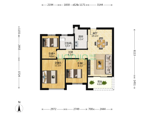 汇泉城8号院 3室1厅1卫 88平方