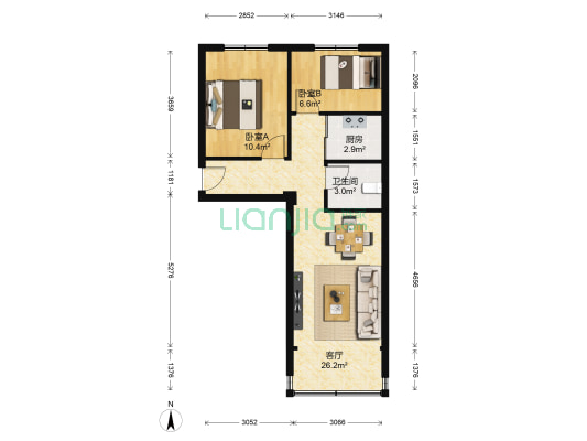 黄河沿44-50号 2室1厅1卫 52平方