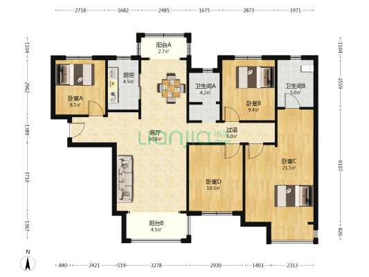 华南城中园一组团 4室1厅2卫 140平方