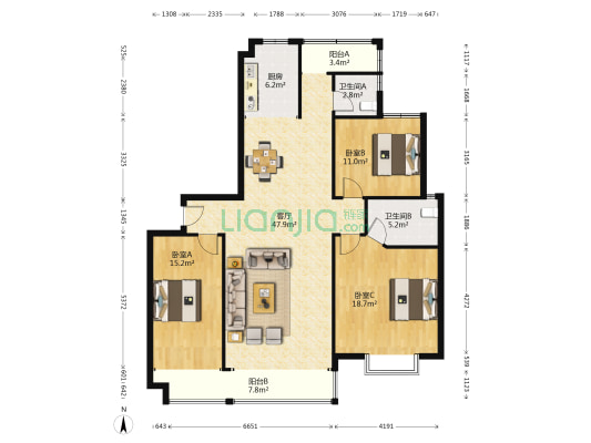 永盛大厦 3室1厅2卫 143平方