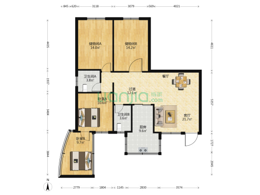 福祥花园 2室1厅2卫 124平方