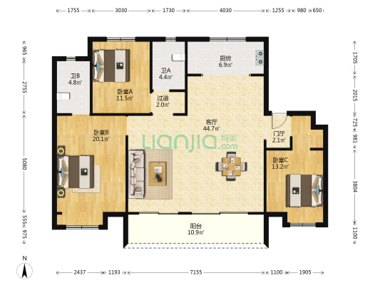 中梁应天首府 3室1厅2卫 142平方