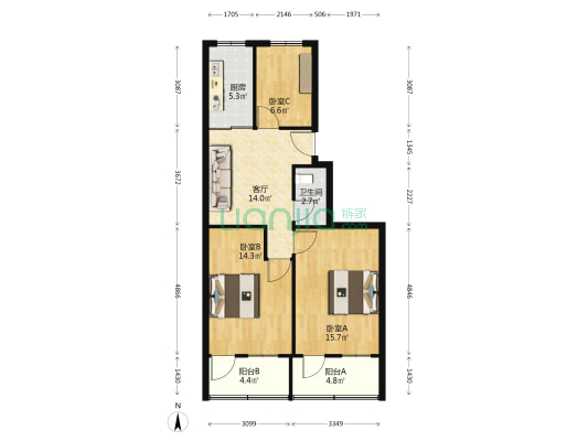 虹桥头散盘 3室1厅1卫 70平方