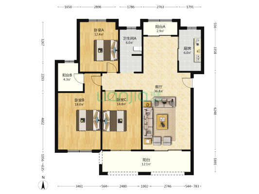 农丰时代城B区 3室1厅1卫 129平方