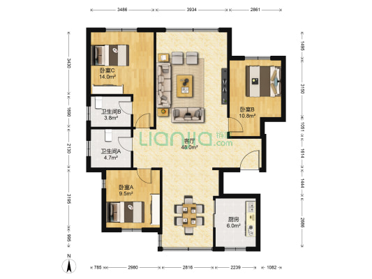 书香华府 3室1厅2卫 125平方