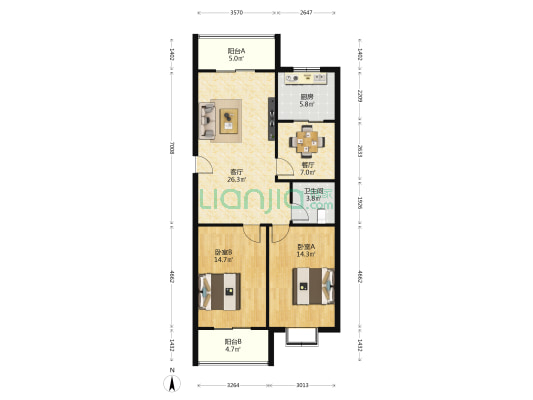 长建小区 2室2厅1卫 98平方