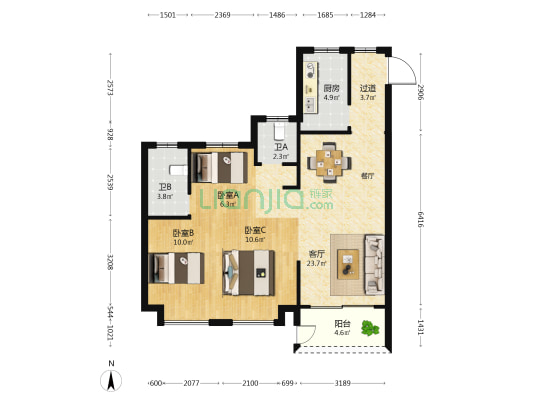 钱塘玉园 3室1厅2卫 89平方