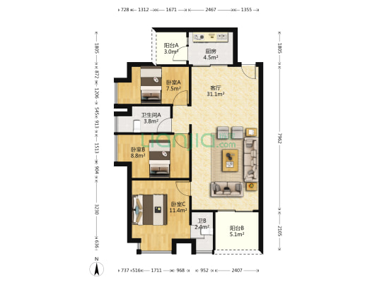 江河御龙世家 3室1厅2卫 96平方
