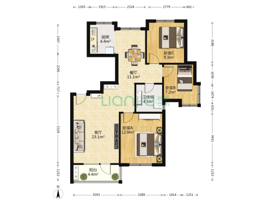 绿色家园 3室2厅1卫 107平方