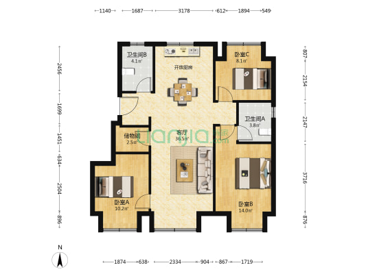 融创宸阅和鸣 3室1厅2卫 97平方