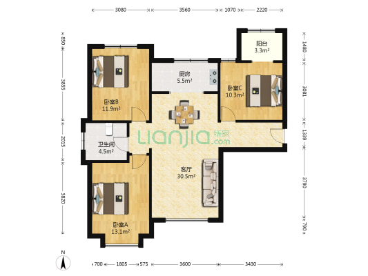 汇海鸿园 3室1厅1卫 114平方