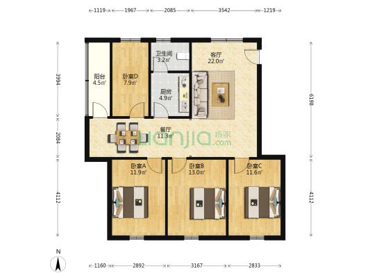 白云山制药厂后山宿舍 4室2厅1卫 109平方