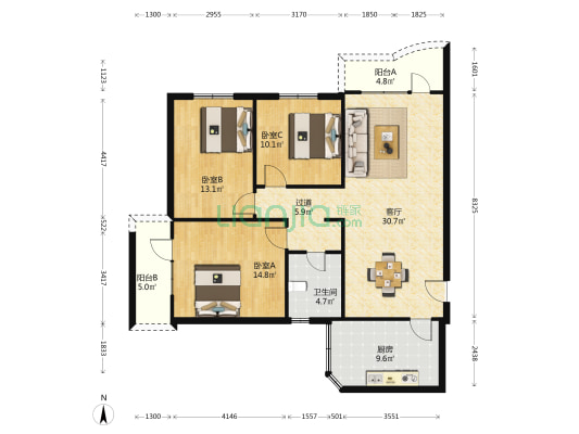 海关宿舍综合楼 3室1厅1卫 96平方