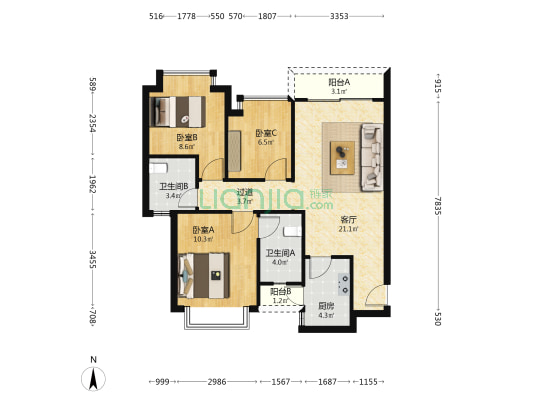 恒大成一期 3室1厅2卫 98平方