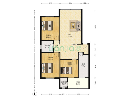 万春路276号院 3室1厅2卫 110平方