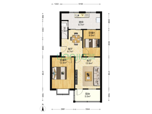 西山小区 2室2厅1卫 66平方