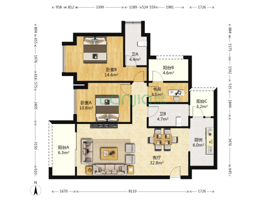 财信时光里 3室1厅2卫 108平方