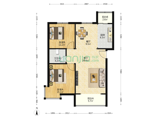 滨海名都 2室2厅1卫 117平方