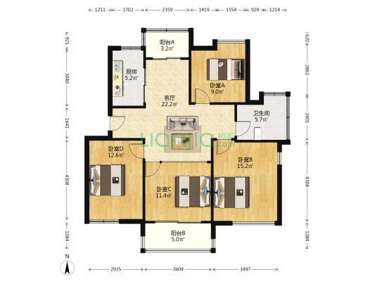 方家苑 4室1厅1卫 102平方