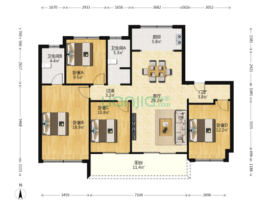 华宇东原阅境 4室1厅2卫 142平方