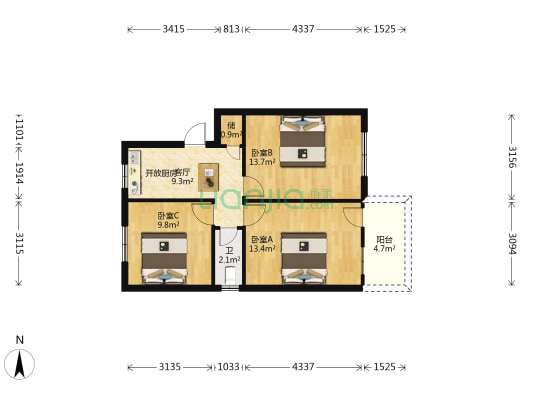 市传染病医院职工宿舍 3室1厅1卫 68平方