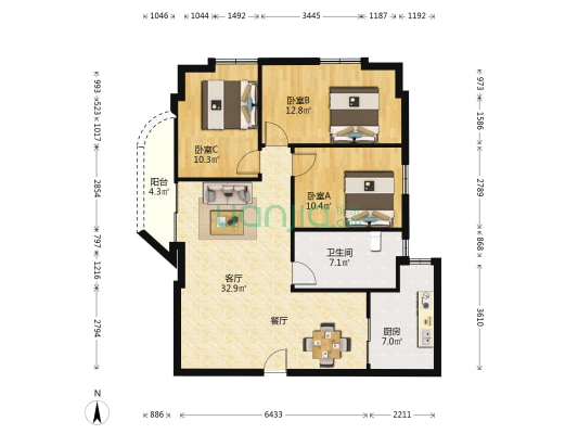 美福花园 3室1厅1卫 116平方