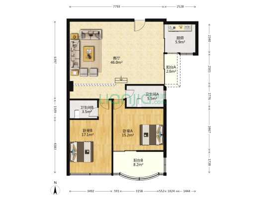 临江府小区 2室1厅2卫 122平方
