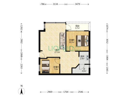 广州手表厂宿舍 2室1厅1卫 61平方