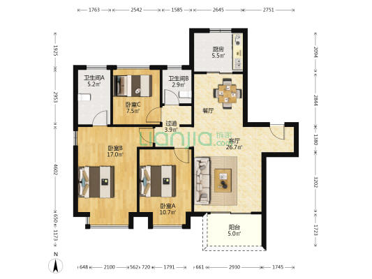 宝龙一城 3室1厅2卫 117平方