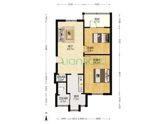 通锦路17号院 2室1厅2卫 73平方