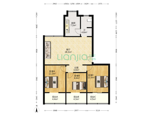 土产宿舍 3室1厅1卫 121平方