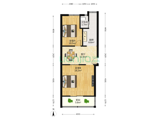 江西省计算机中心宿舍 2室1厅1卫 68平方