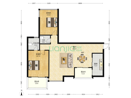 富景东方 2室1厅2卫 113平方