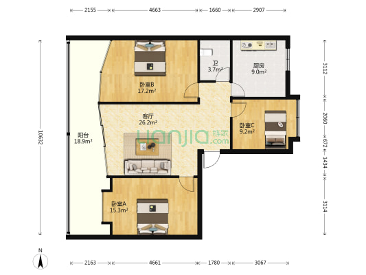 大兴商厦 3室1厅1卫 106平方