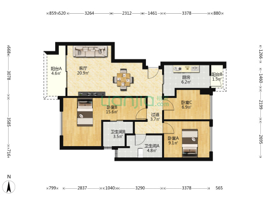 融信海月平湖 3室1厅2卫 89平方