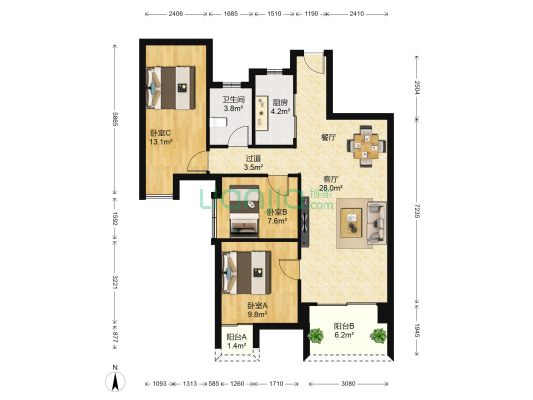 保利叁仟栋一期 3室1厅1卫 95平方