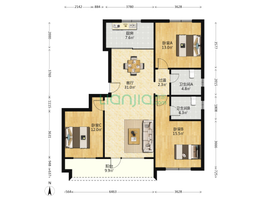 高实景苑 3室1厅2卫 132平方