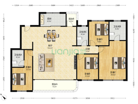国贸蓉上 4室1厅3卫 161平方